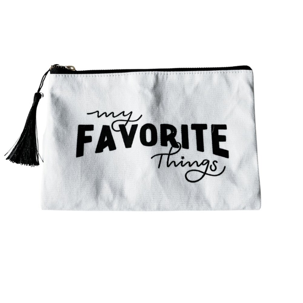 White & Black Canvas Makeup Pouch with Gold Zipper & Tassel